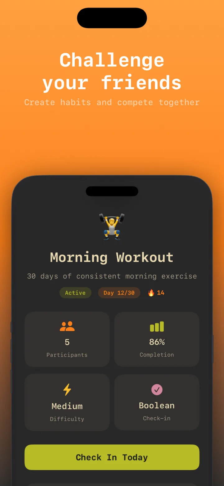 Challenge detail screen showing Morning Workout with 14 day streak