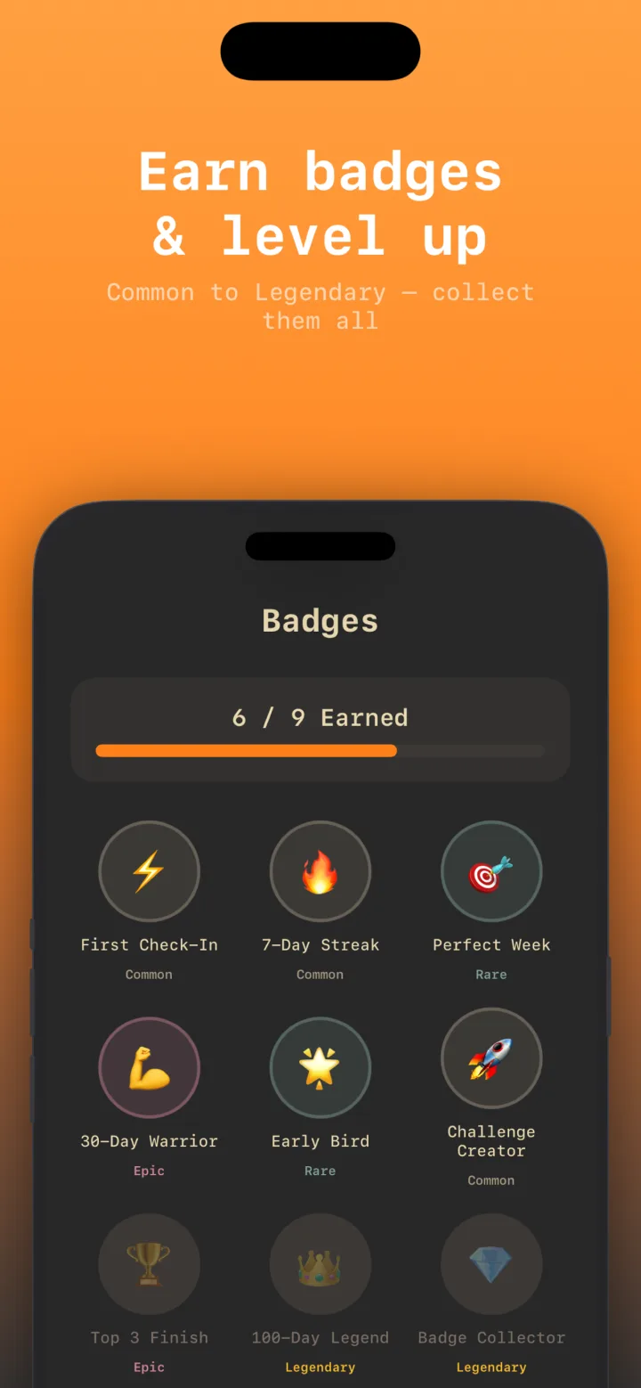 Badges grid showing earned achievements across rarity tiers